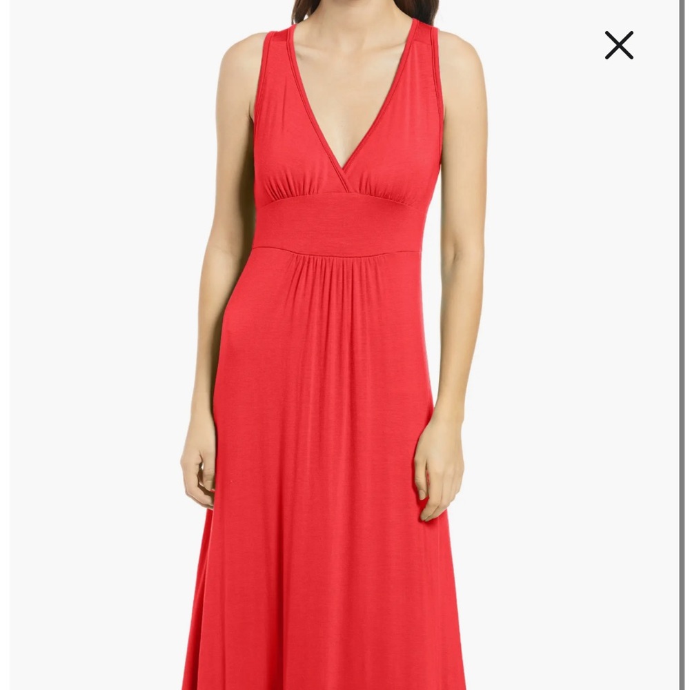 Red Pleated Sheath Dress with V-Neck